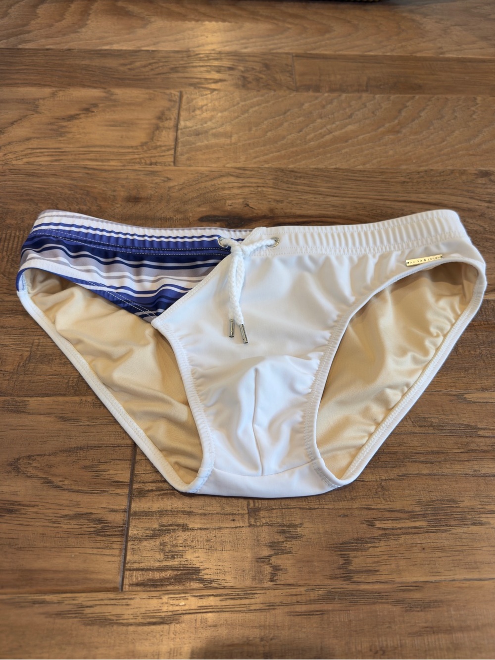 Parke & Ronen White Swim Brief with Navy Stripe Trim